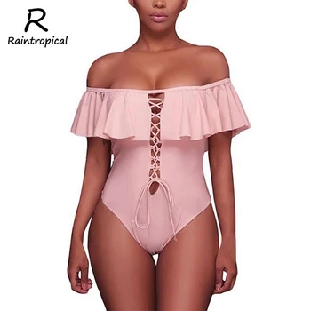 

Raintropical High Waist Swimsuit 2019 New Ruffle Ruched Bandeau Vintage Bikinis Swimwear Women Bikini Set Beach Bathing Suits