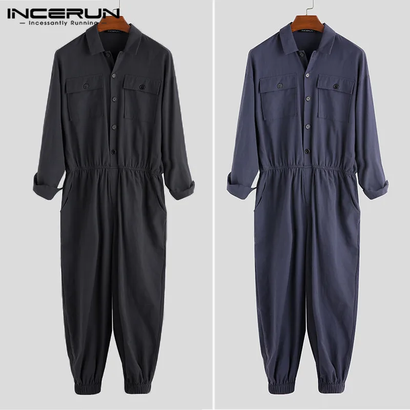 INCERUN Men's Trend Personality Jumpsuit Retro Solid Color Lapel Long Sleeve Tooling Jumpsuit Men Suit New Fashion Tumpsuit