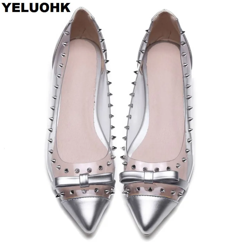 

Large Size 43 Rivet Transparent Shoes Women Flats Fashion Pointed Toe Women Moccasins Casual Shoes Slip On Summer Shoes