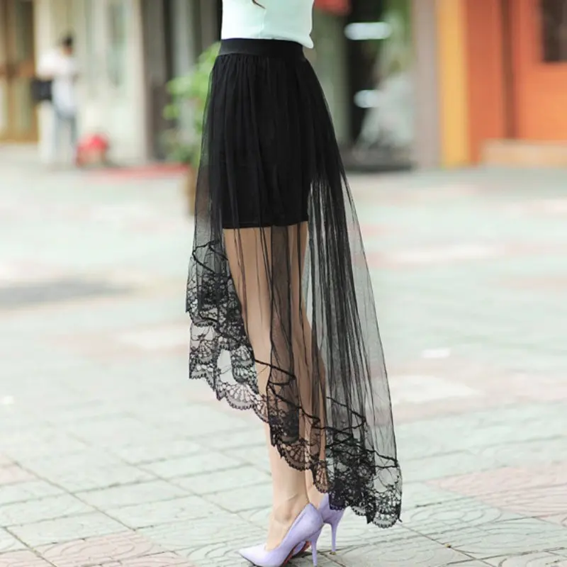 2018 moda mujer Sexy faldas de encaje Falda larga tul blanco y negro Falda corta Mujer