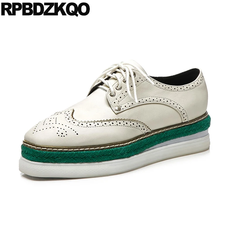 

Square Toe Brogue White Platform Creepers Casual Genuine Leather Wedge Vintage Women Oxfords Shoes Hemp Straw Thick Sole Muffin
