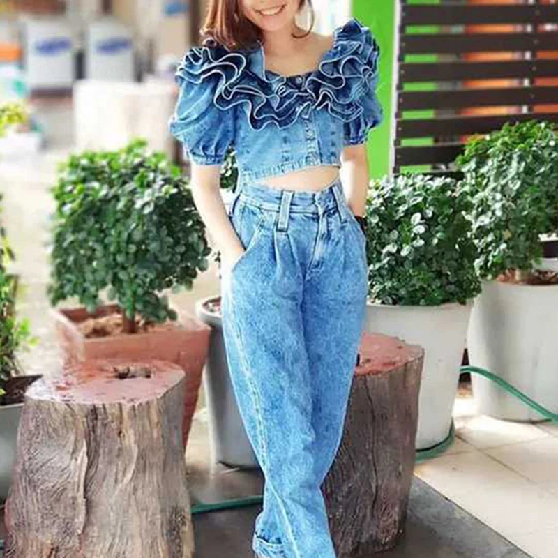 

Stylish 2019 Slash Neck Ruffle Crop Denim Tops