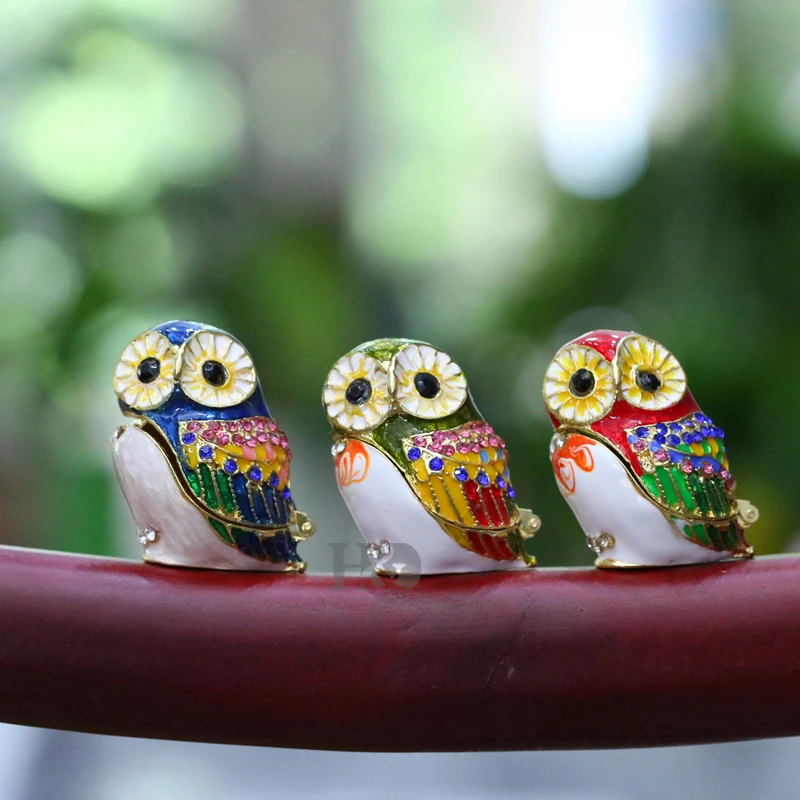 

H&D 1.5'' Hand-Painted Owl Figurine Jewelry Trinket Box Ring Holder Jewelry Storage Organizer Wedding Home Decor/Gifts 3 colors