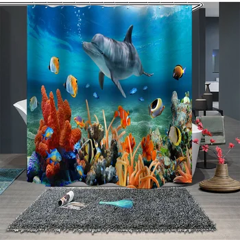 

Ocean Shower Curtain Bath Decor Polyester Fabric Cute Butterfly Dolphin Animal Flamingo Print Bathroom Curtain 150/180/200cm