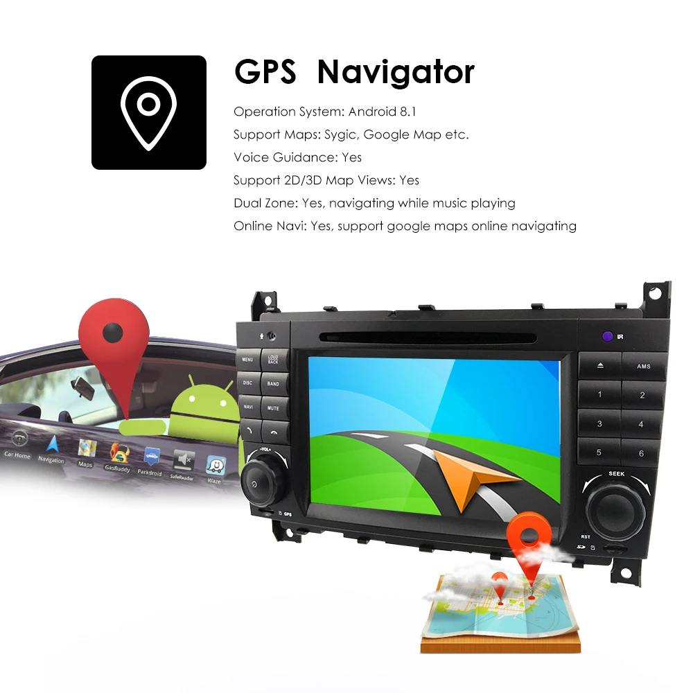 Best 2G RAM 16G ROM Android 9.0 7" Car DVD GPS For Mercedes/Benz W203 W209 W219 A-Class A160 C-Class C180 C200 CLK200 dab Free Camera 17
