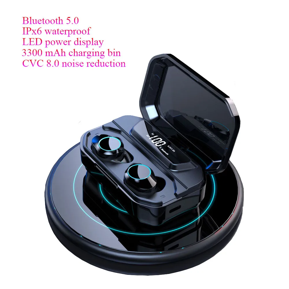 TWS Bluetooth 5 0 наушники беспроводные IPX7 водонепроницаемые 3300 мАч power Bank светодиодный