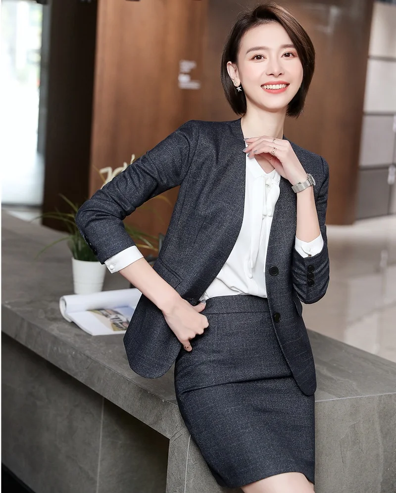 

High Quality Fabric Formal Business Suits With Jackets and Skirt Ladies Office Professional Blazers Sets OL Styles Gray