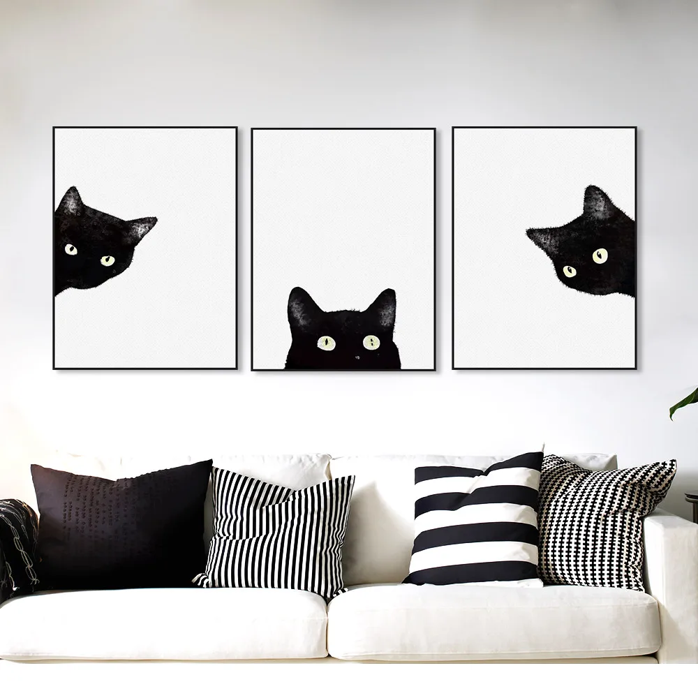 CLSTROSE акварельный минималистичный Kawaii животные черная голова кошки Холст А4 художественный Принт плакат скандинавские настенные картины Домашний декор живопись - Цвет: 3 pcs