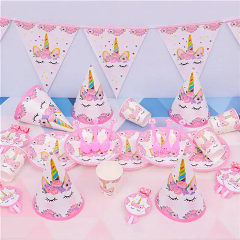 

Unicorn Party Children Holiday Disposable Tableware Birthday Party Decorations Kids Cup+Plate+Tablecloth+Gift Bag Party Supplies