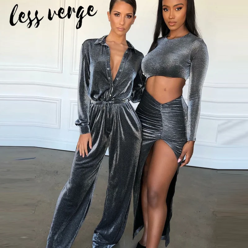 

lessverge Turn-down collar sequin women jumpsuit V neck botton high waist playsuit romper Long sleeve wide leg jumpsuit overalls
