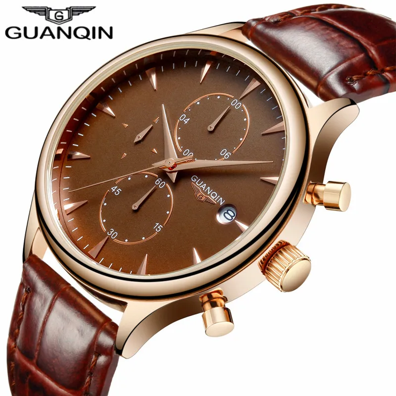 

Chronograph Men Watch Top Brand Luxury GUANQIN Quartz Watch Business Waterproof Watch Date Sport Leather Strap Wristwatches