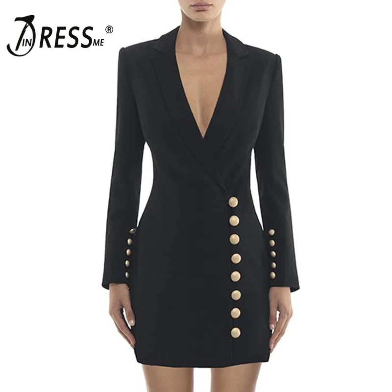 

INDRESSME Sexy Deep V Button Women Blazers Fashion Solid Black White Full Sleeve Women Suits 2019 Winter New Women Dress