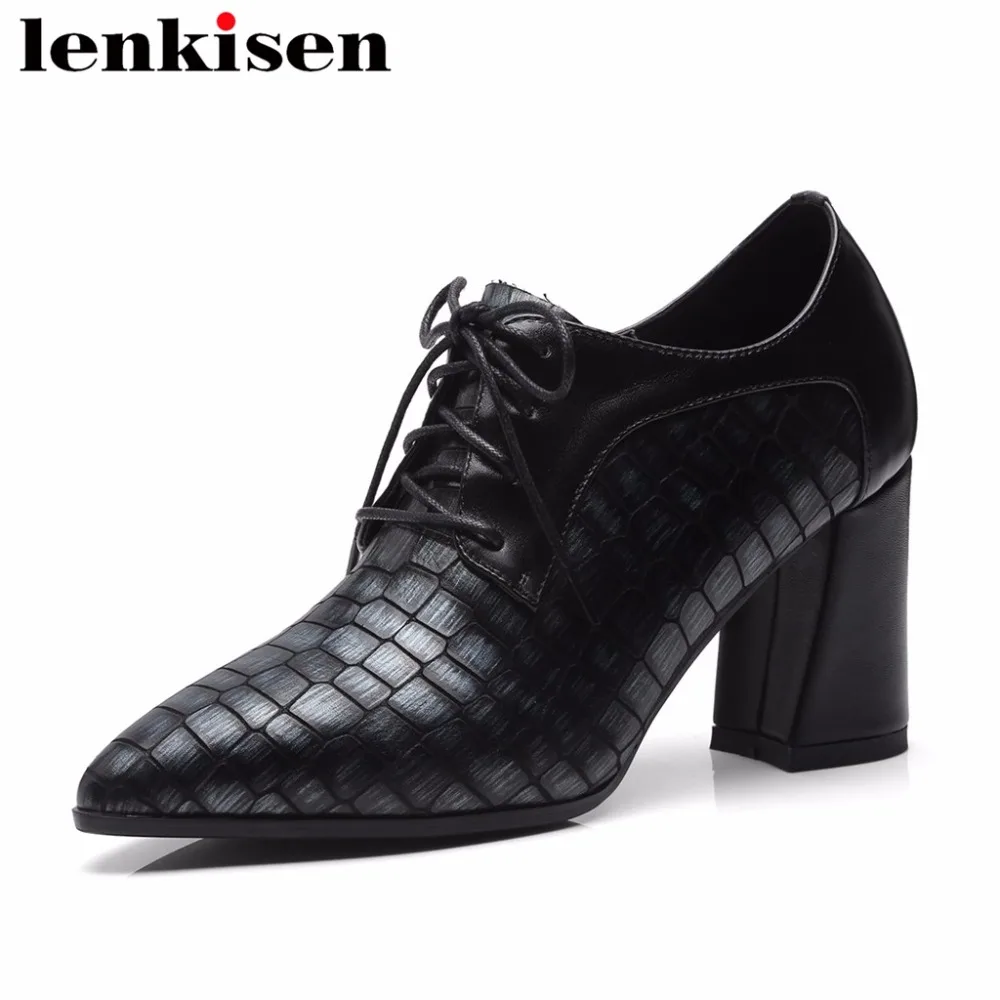 

Lenkisen 2018 hot sale black color lace up pointed toe genuine leather thick high heels supertars mature women shallow pumps L56