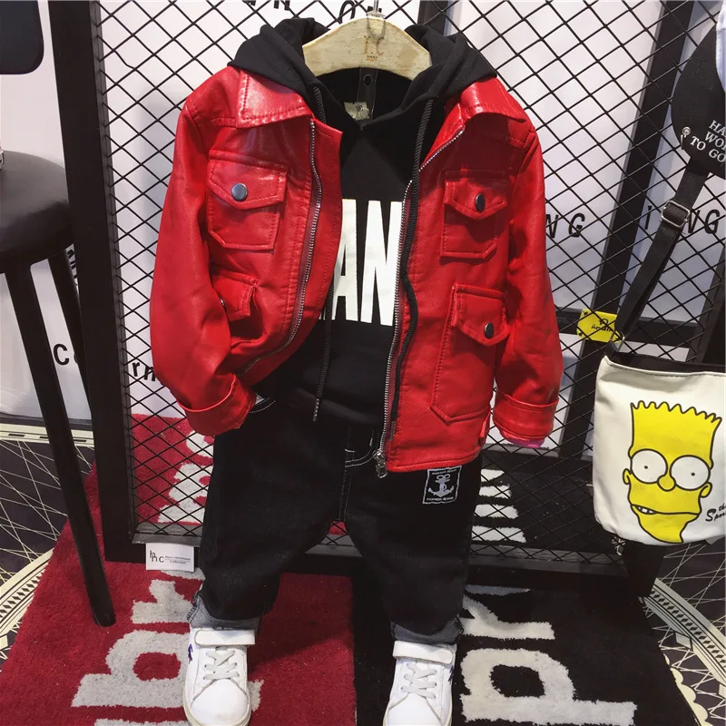 

Boys Clothes Autumn winter children suits kids clothing sets boys Faux leather coat + hoodie + jears 3pcs boys set 2-6years