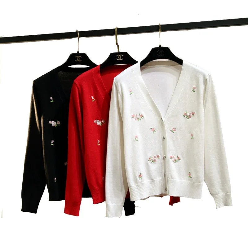 

Autumn Rose Embroidery Long Sleeve Short Style High Waist Small Card Knitted Air Conditioning Shirt Slimming Outerwear