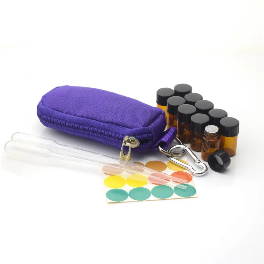 Essential Oil bottle Keychain kit Carrying Case mini Pouch Travel bag with 10 1ml 1/4 Dram 2ml 5/8 Dram Vials and Blank Labels