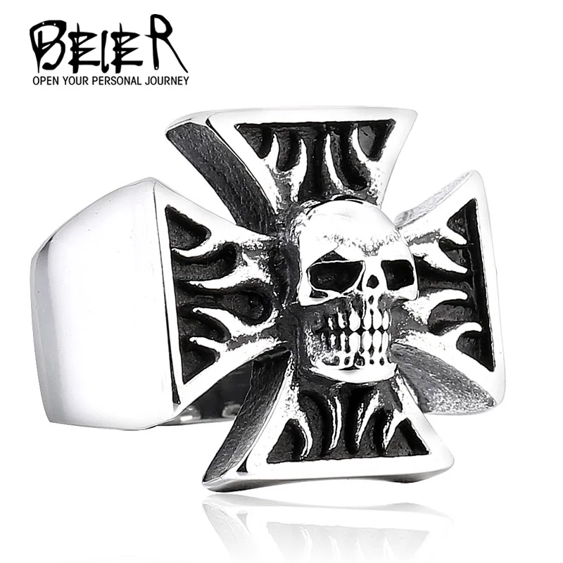 

Beier new store 316L Stainless Steel Cross Skull Men's Ring Cool Punk biker Style High Quality Jewelry Free Shipping LLBR8-268R