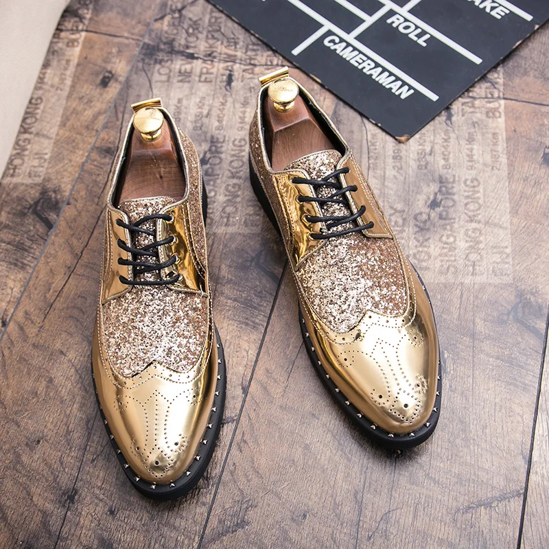 mens fashion shoes luxury brand rhinestones italian patent leather shiny wedding ballroom cool gold brogue oxford shoes for men (27)