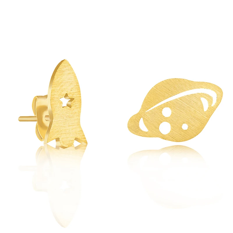 Stainless Steel Planet Saturn & Rocket Spaceship Stud Earrings For Women Space Galaxy Jewelry Best Friend Gift Ideas Bff Brincos