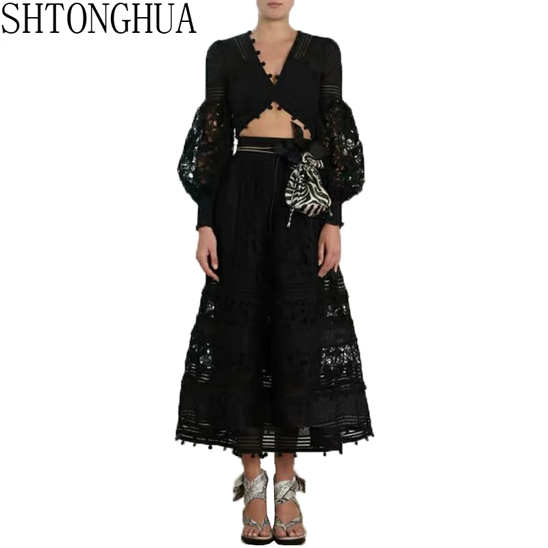 

SHTONGHUA High Quality 2 Piece Set Summer Women Lantern sleeve Patchwork Lace Tops + High waist A Line Hollow out Skirt Sets
