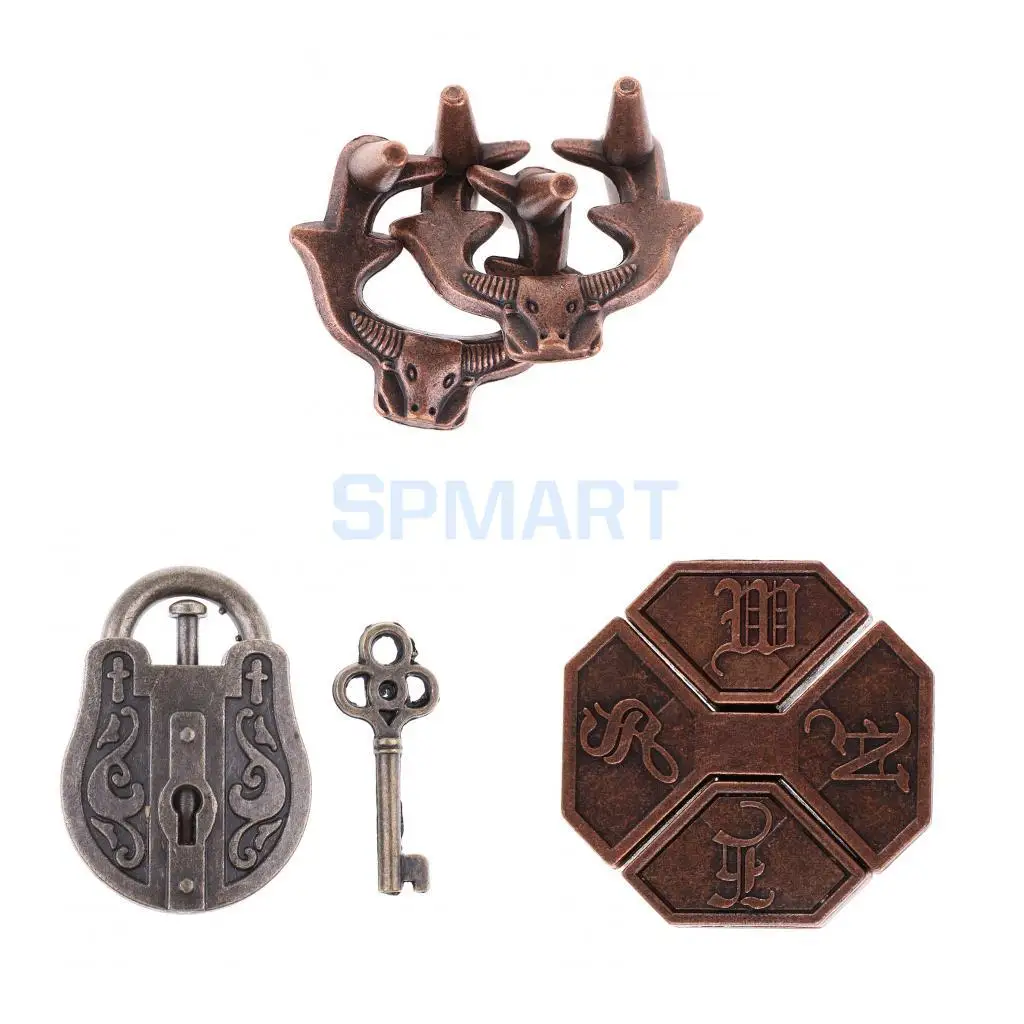 3pcs Vintage Metal Brain Teasers Set Classic Lock Puzzle IQ Training Toy for Kids