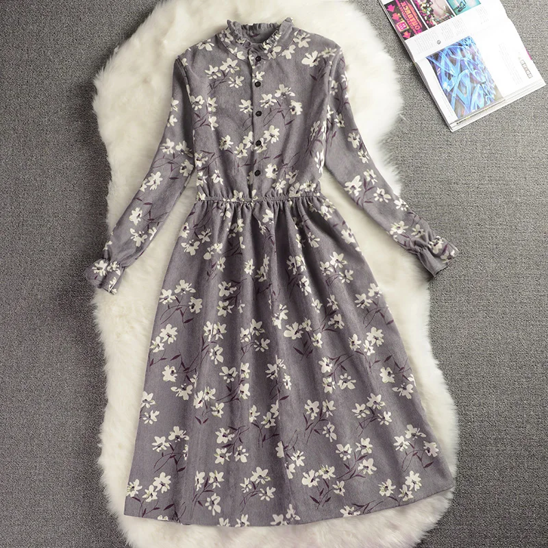 

Corduroy High Elastic Waist Vintage Dress A-line Style Women Full Sleeve Flower Plaid Print Dresses Slim Spring Dress 9 Colors