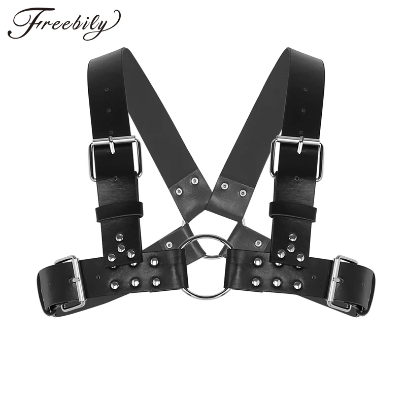 Mens Adjustable PU Leather X Shape Back Body Chest Half Harness Belt