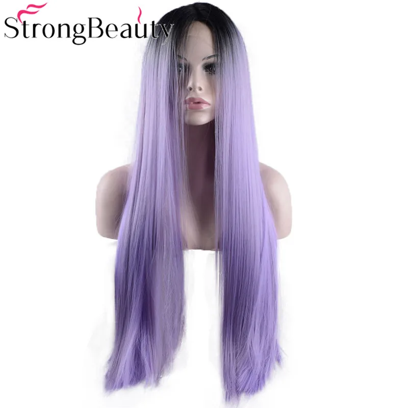 Strongbeauty Длинные прямые парики на кружеве синтетические Омбре черный фиолетовый/фиолетовый синтетический парик