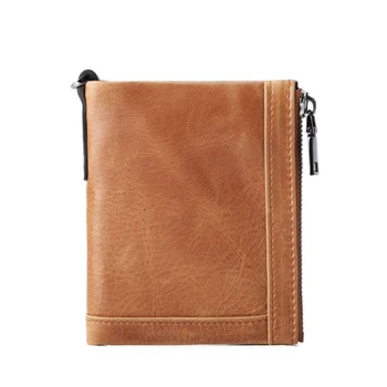 

2020 Genuine Crazy Horse Cowhide Leather Men RFID Wallet Doulbe Zippers Short Coin Purse ID Card Holders Male Wallets Carteira
