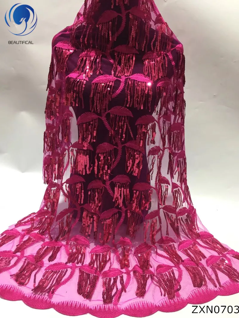 

BEAUTIFICAL Sequins Lace Fabric Pink 2019 Latest Nigerian Lace Fabric For Bridal Wedding 5yards/lot Tulle French Mesh Net ZXN07