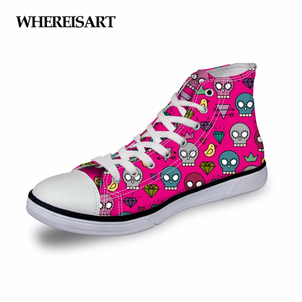 

WHEREISART Brand Women Shoes 2019 New Spring Sneakers Canvas Vulcanized Girls Sneakers Pink Kawaii Skull Print High Top Footwear