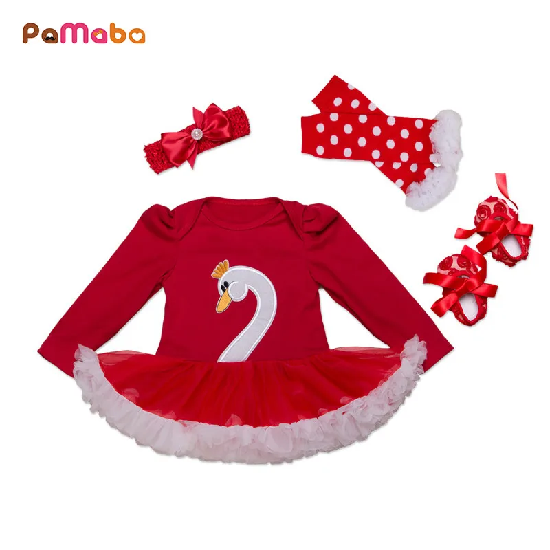 

PaMaBa 4Pcs New Year Newborn Baby Girls Clothes Long Sleeve Swan Print Party Dress with Lace Stocking Headband and Shoes Vestido