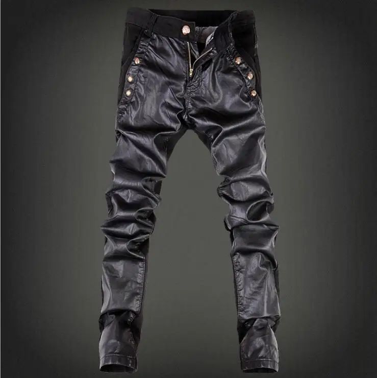Новые осенние байкерские обтягивающие мужские готические панковские модные брюки из искусственной кожи с пряжками в стиле хип-хоп, на молнии, черные кожаные мужские брюки - Цвет: Color 105