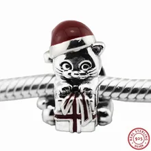 Рождественский подарок 925 пробы Серебряная ягода красная эмаль Рождественский котенок Талисман из бусин ручной работы Fit PANDORA Подвески для женщин ювелирные изделия FL487