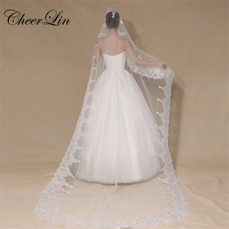 Wholesale 3 Meter Ivory Wedding Veils Long Beaded Lace Edge Bridal Veil (4)