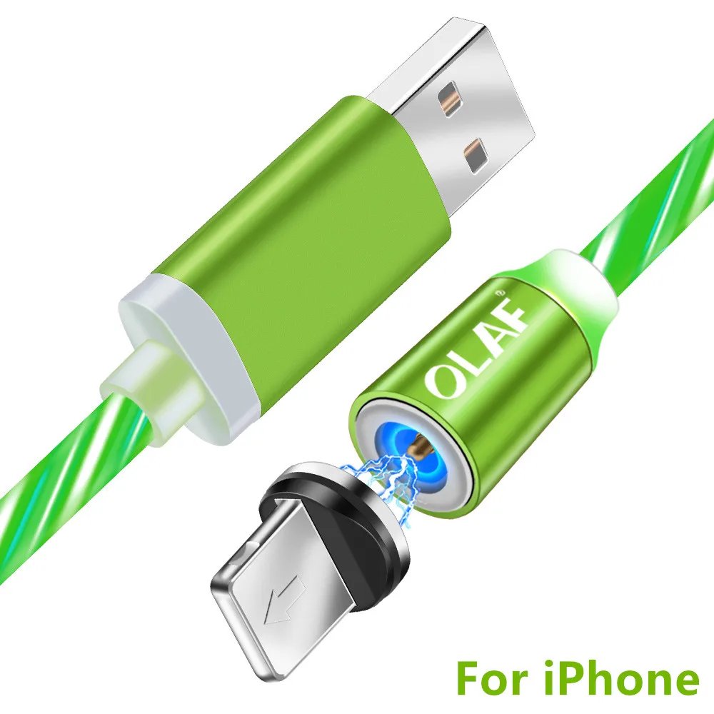 Магнитный usb-кабель Олаф для iPhone, светодиодный, светящийся, магнитный, Micro USB type-C кабель для samsung Galaxy S9 S10 Xiaomi huawei - Цвет: Green For iPhone ios