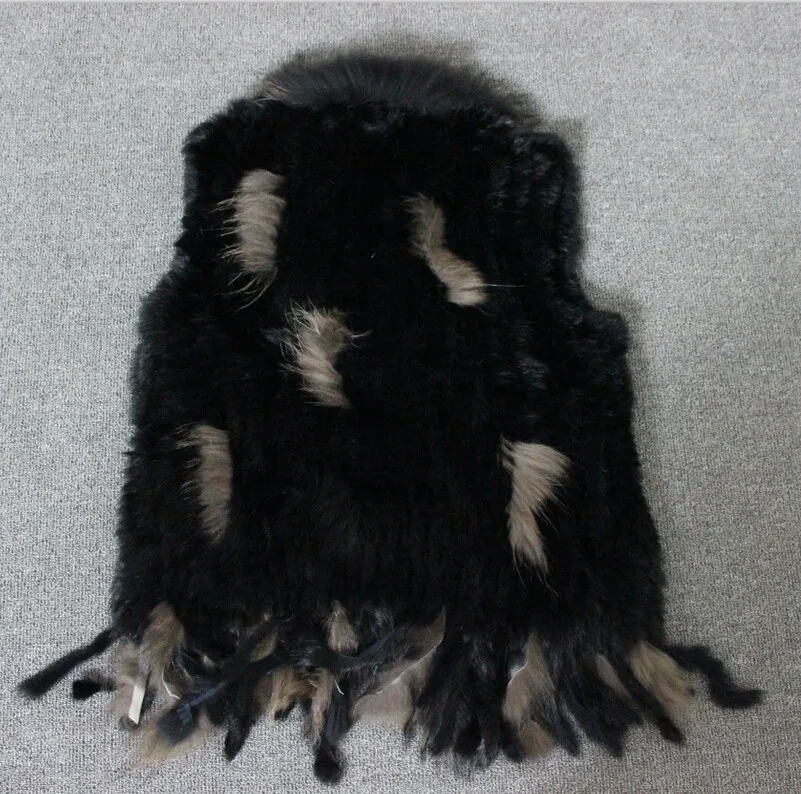 Женские вязаные жилеты из натурального кроличьего меха/жилетка/пальто с кисточками воротник из меха енота