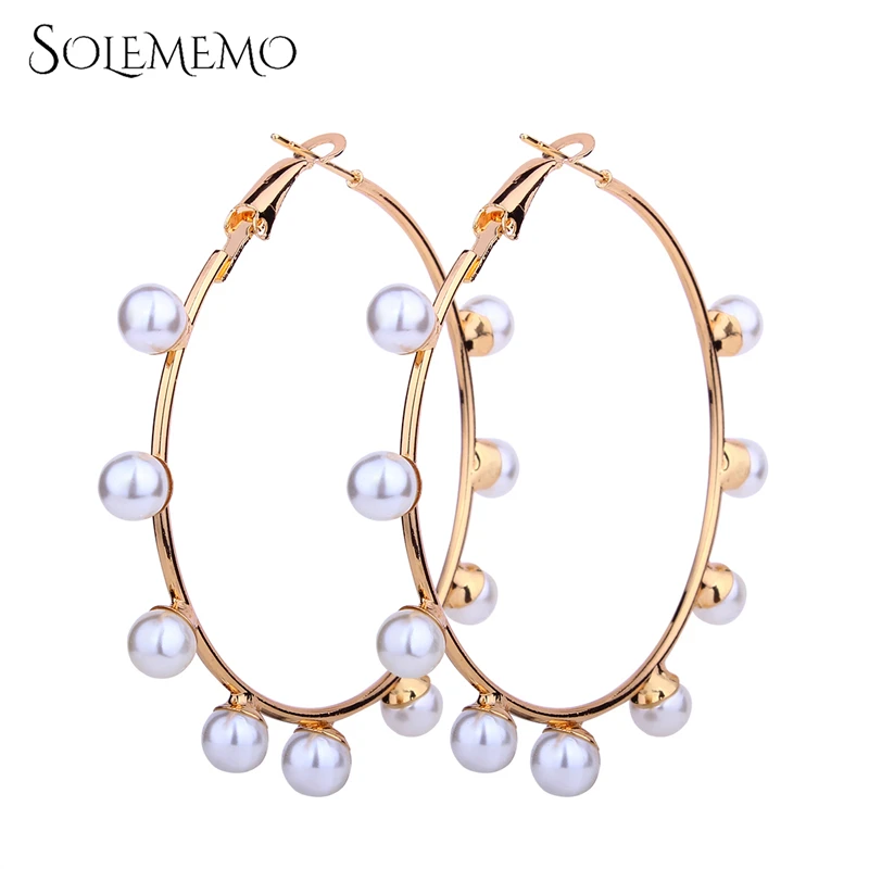 

Solememo New Big Round Metal Earring Gold Imitation Pearl Circle Earrings For Women Wedding Party Round Earrings New 2018 E1864