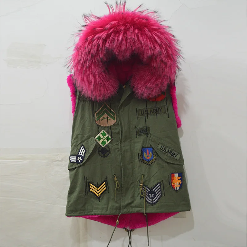 Mouwloze Faux fur voering en echte wasbeer bont kap vest jacket voor vrouwen en mannen Mouwloze Faux fur voering en echte wasbeer bont kap vest jacket voor vrouwen en mannen