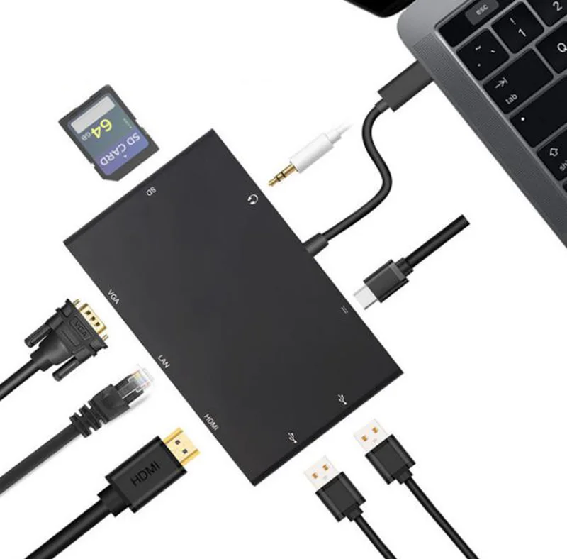 

8 in 1 Type C To VGA LAN Hub With Sd Card Reader And 2 Usb 3.0 Dock