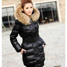 Women Jacket Coat Real Raccoon Fur Hood Fashion Winter Long Overcoat Thicken Warm Soft Jacket with Belt Black Coat