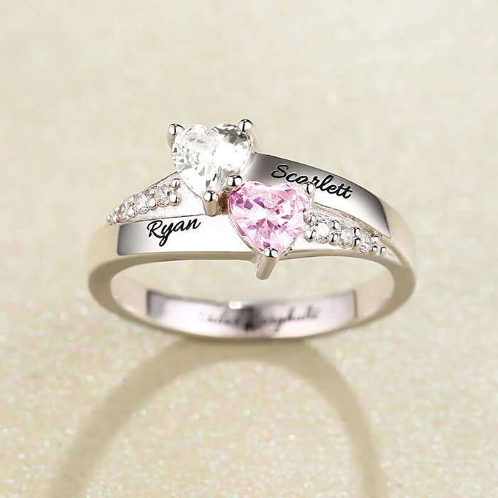 SG Personalized 925 Sterling Silver Rings Custom Heart Birthstone Ring With 2 Names Jewelry for Her Mother day's Gift