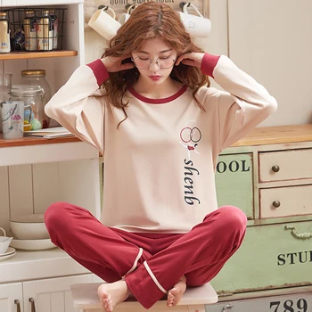 

BZEL New Pajamas Women Kawaii Pajamas Sets Cotton Female Round Neck Night Suit Long Sleeve Sleepwear Lingerie Underwear Pyjamas
