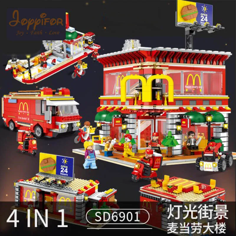 

Joyyifor Compatible With LegoINGlys 1729pcs Street View McDonald's 4in1 Restaurant Building Block With LED Lighting Brick Toy