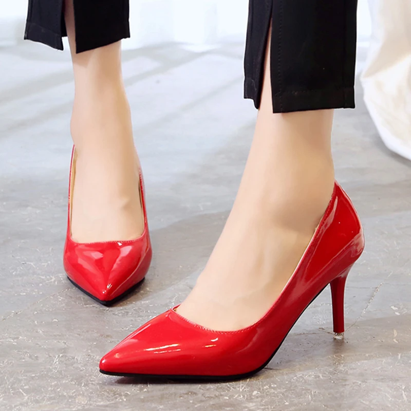 

Spring Autumn Women Dress Shoes Patent Leather High Heels Pumps White Bridal Shoes Pointed Toe Basic Pumps Thin Heels 6948