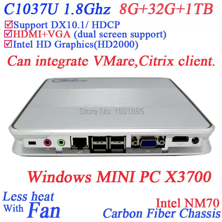 Latest 12v mini computer cloud computer with Intel Celeron 1037u X3700 dual core 1.8Ghz 1080P Windows Linux mini pc