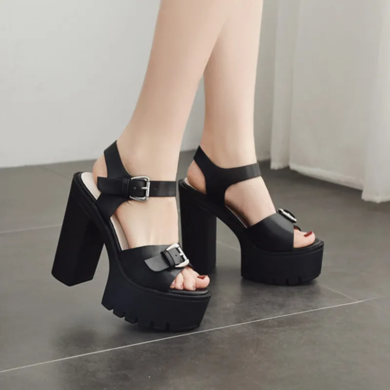 

2019 Leather Shoes Women Sandals High Heels Fashion Thick Heel Platform Sandals Women Summer Pumps