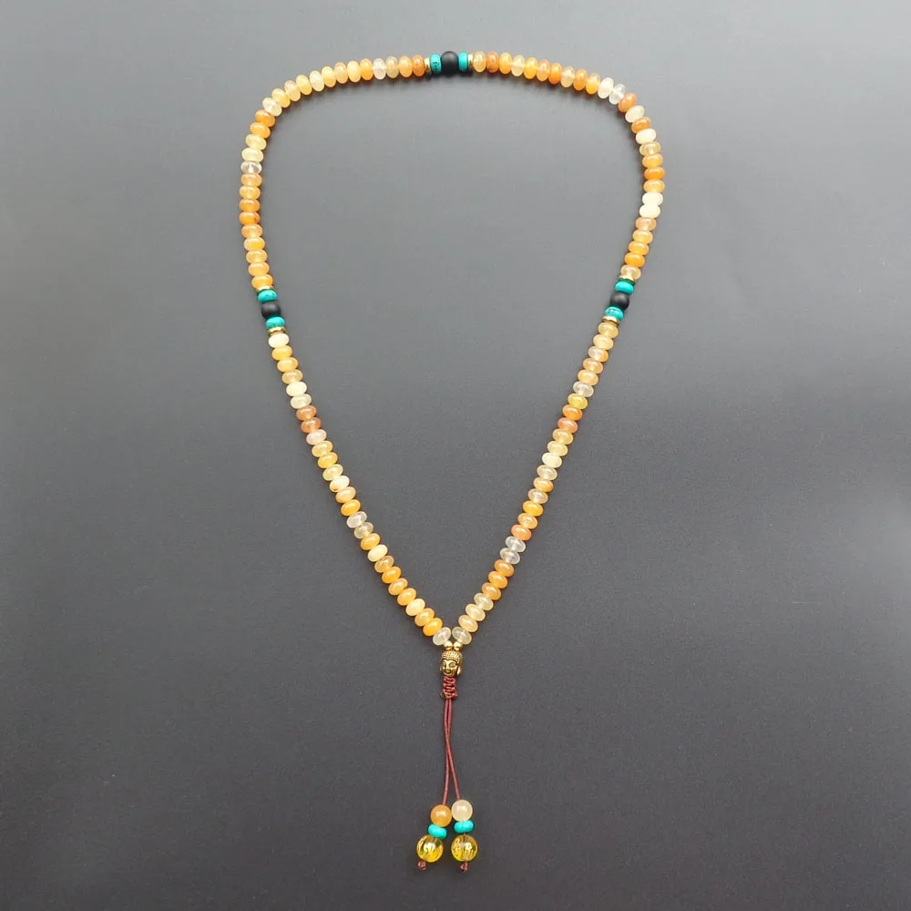 108 бусины из натурального камня с Буддой Мала ожерелье Йога для медитации и молитвы бусы ручной работы ожерелье с камнем - Окраска металла: 108 yellow onyx