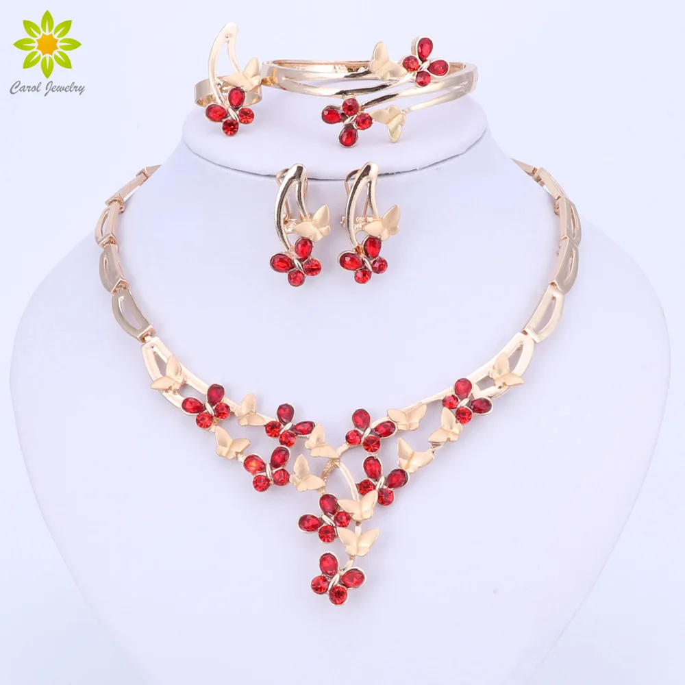 

Fashion Wedding Gold Color Jewelry Sets Hot Sale Red Crystal Bracelet Earrings Necklace Ring Butterfly Jewelry Set