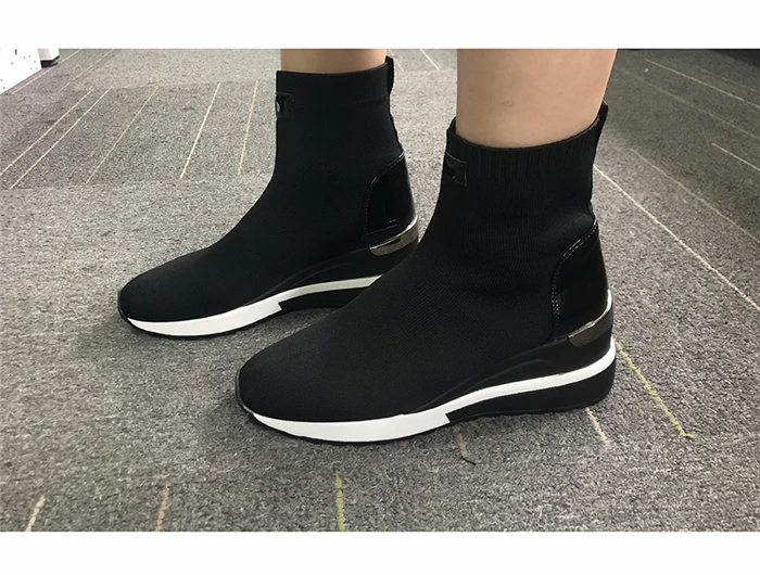 New Knitted Shoes Women High Top Women's Sock Sneakers Spring Women Knit Breathable Shoes Female Platform 6CM